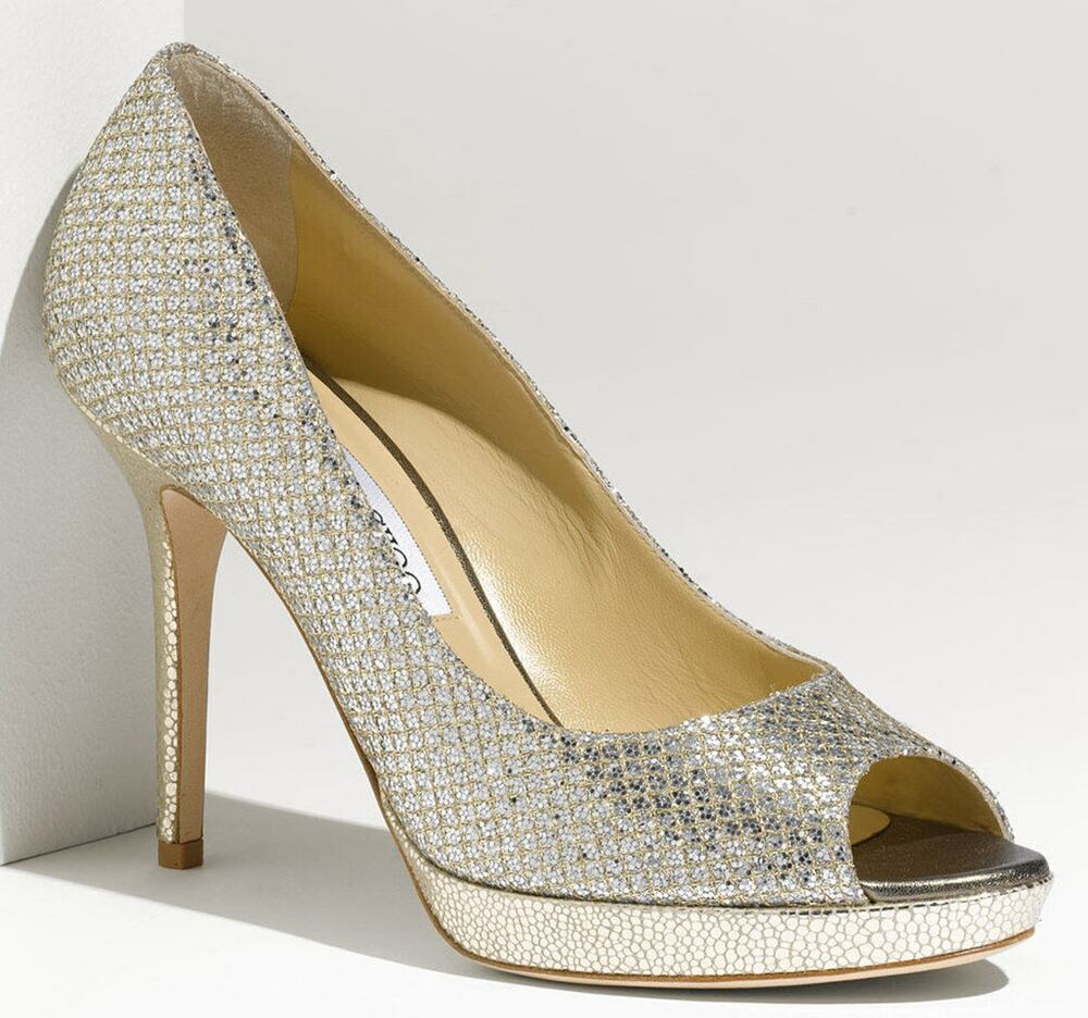 Jimmy Choo Luna Glitter Peep Toe Pumps SZ 37.5 High Heels platform